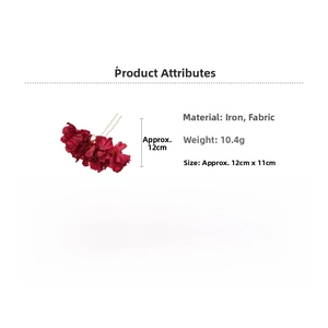 Detail view of red fabric flower hairpin with U-shaped metal clip and size dimensions