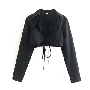 Chemise courte noire pour femme à manches longues avec col à revers et laçage frontal