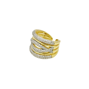 Detail of 18k gold plated X-shaped crisscross ring with micro-pave cubic zirconia crystals
