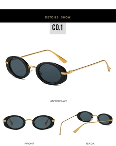 Detailed multi-angle views of oval black sunglasses with gold metal temples