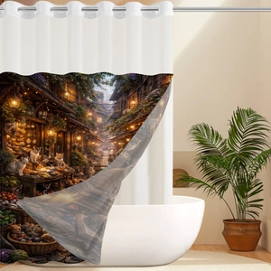 Detailed view of waffle fabric shower curtain with artistic cat print and metal eyelets