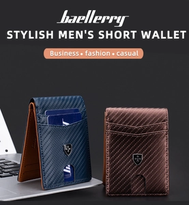 Close-up of slim RFID carbon fiber texture wallets in blue and brown for men