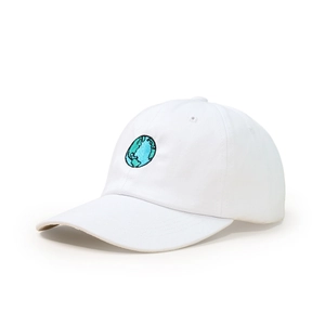 Detail of white cotton twill baseball cap with precision blue and green earth embroidery