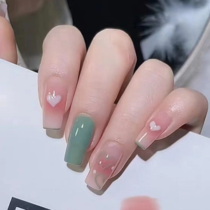 Press On Nails Long Coffin Shape Gradient Blush Heart Pattern Pink Green Detachable Glue On False Nails Sweet Style