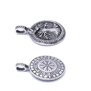 Vintage stainless steel Viking necklace featuring Tree of Life and Vegvisir compass pendant