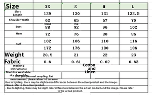 Size chart for women's linen dress with measurements for chest, waist, and hip in cm