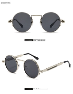 Detail of silver steampunk sunglasses with round lenses and mechanical spring temples