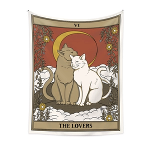 Detail of tarot style The Lovers wall tapestry featuring two cats and floral motifs