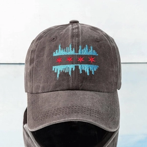 Washed dark grey baseball cap with embroidered Chicago skyline and red stars