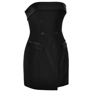 Detail of black strapless mini dress featuring double-breasted buttons and satin trim pockets