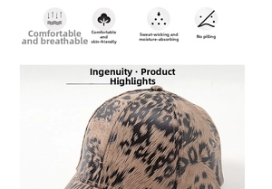Detailed close-up of leopard print baseball cap fabric showing breathable texture