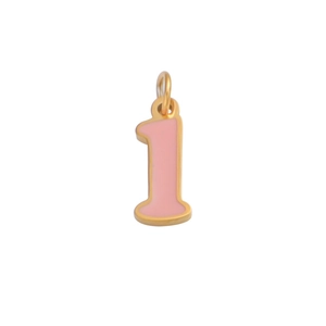 Detailed close-up of a gold-plated number one pendant with pink enamel filling
