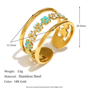 Three-layer 18K gold plated stainless steel open ring with blue and white enamel flowers