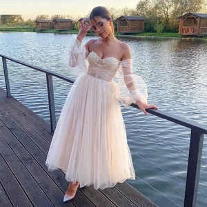 Tulle Evening Dress Strapless Sweetheart Neckline Removable Bubble Sleeves Formal Party Prom Gown For Women