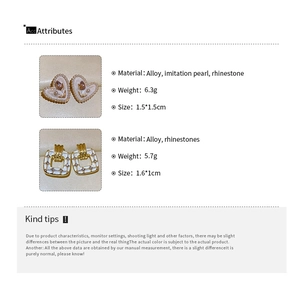 Detailed specs for heart and square alloy earrings with pearls and rhinestones
