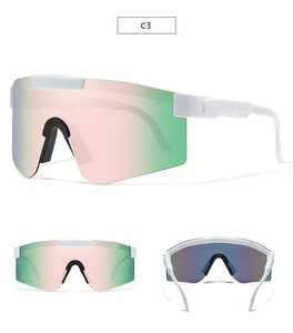 Detail view of white sports sunglasses with pink and green gradient mirrored lenses