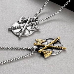 Viking Double Axe Shield Pendant Necklace Retro Stainless Steel Punk Style Celtic Knot Nordic Jewelry For Men