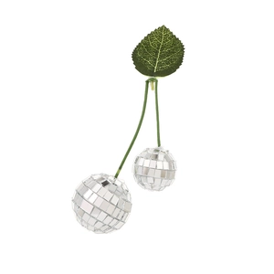 Macro detail of disco ball cherry decor with silver mirror tiles and green leaf
