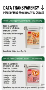 Datos nutricionales e ingredientes de snacks de pollo y yema liofilizados para mascotas 500g