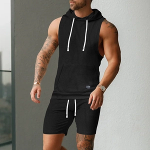 Ensemble débardeur à capuche et short en tricot noir pour homme avec texture jacquard