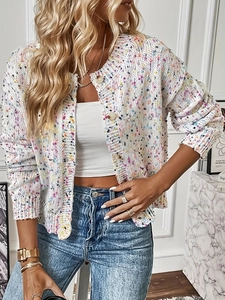Cardigan in maglia beige con puntini colorati e bottoni marmorizzati da donna autunno