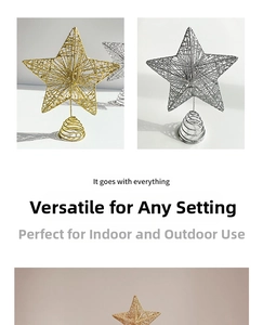 Close-up of golden and silver woven mesh star tree toppers with spiral spring base