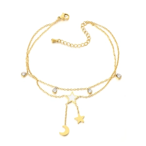 18K gold plated double layer anklet featuring shell star, moon and pearl charms
