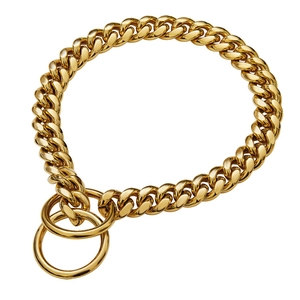 Close-up of golden stainless steel Cuban link dog collar with dual metal rings