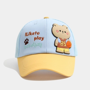 Detailed close-up of breathable mesh back and cartoon bear embroidery on kids baseball cap