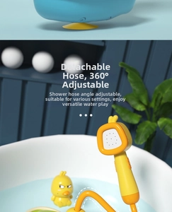 Detail of 360-degree adjustable yellow duck shower head for baby bath time fun