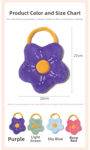 Detailed size guide for cartoon flower hand towels in purple, green, blue and rose red
