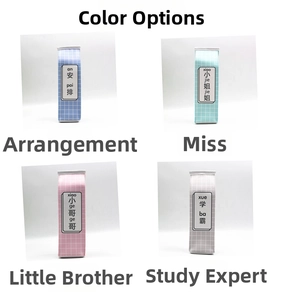 Detail view of large capacity grid pencil cases in blue, cyan, pink and grey colors