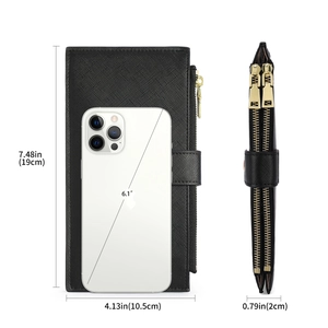 Black Saffiano leather wallet with dual zippers and size dimensions for 6.1-inch phone