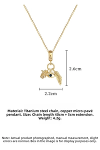 Detailed view of titanium steel gold necklace with leaf and evil eye pendant measurements