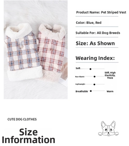 Close-up detail of thick fleece dog vest with plaid pattern and warm material texture