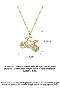 Detailed specs of bicycle pendant necklace with sparkling zircons and titanium steel chain