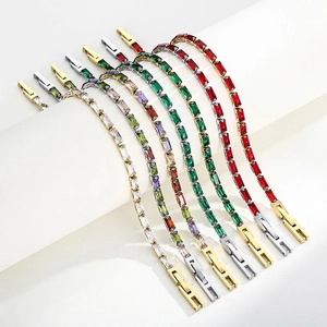 Tennis Bracelet Stainless Steel With Colored Zircon Baguette Cut Square Chain Fashion Jewelry For Women
