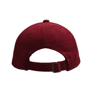 Close-up of burgundy corduroy baseball cap back with adjustable metal buckle strap