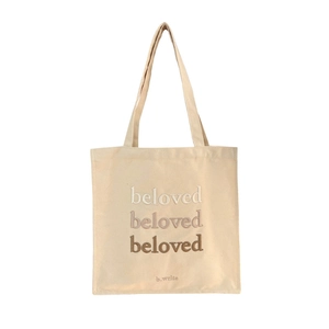 Minimalist beige canvas tote bag with beloved embroidery for daily commuting students