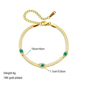 18K gold plated snake chain bracelet with evil eye pendants and sizing dimensions