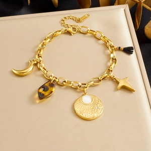 Celestial Stainless Steel Bracelet Gold Plated Sun Moon Star Pendants Leopard Resin Tassel Vintage Bohemian For Women
