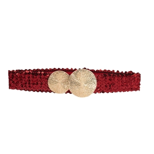 Elastic leopard print waist belt with red sequins and gold circular metal buckle