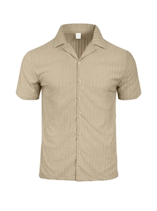 Detail view of khaki button-down shirt collar with size M and 100% polyester tags
