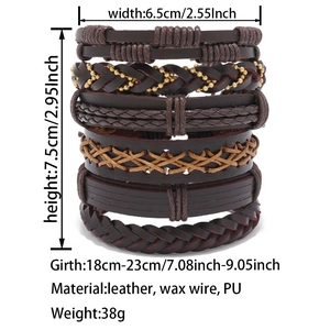 Detail view of multilayer leather bracelets with size specs and material info