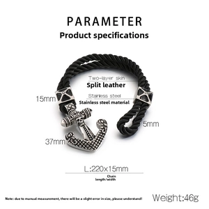 Macro detail of men's leather anchor bracelet with skull pendant and size specifications
