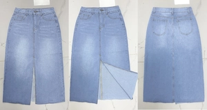 Drievoudige weergave van lichtblauwe denim midi-rok met voorsplit en vijfzakken-ontwerp