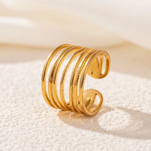 Detailed view of 18K gold-plated multi-layer open ring with brushed metal texture