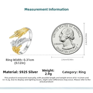 Detailed size chart of S925 sterling silver wing ring with US quarter coin reference
