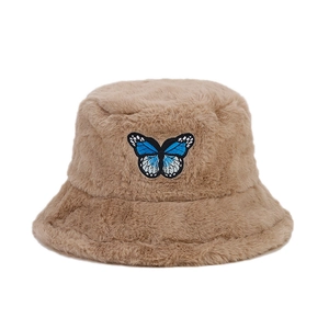 Winter plush warm fisherman hat in camel color with butterfly embroidery patch