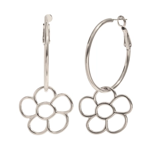 Boucles d'oreilles créoles en acier inoxydable argenté avec pendentifs fleurs évidés